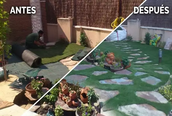 Jardín moderno con césped artificial instalado en Arroyomolinos